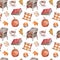 Watercolor fall mood seamless pattern. Cozy chair, tea, books, tree leaves, pumpkin on white background