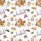 Watercolor fall mood seamless pattern. hand drawn pumpkins, pumpkin pie, book, candle, flowers, foliage on white background.