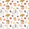 Watercolor fall print. Autumn pumpkin, coffee latte cup, tree leaves seamless pattern. Botanical painting