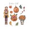 Watercolor fall themed illustrations. Pumpkins, fall flowers, leaves, cute girl in autumn clothing, isolated