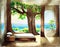 Watercolor of Fantasy bedroom with a wooden bed and a tree