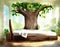 Watercolor of Fantasy bedroom with a wooden bed and a tree