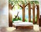 Watercolor of Fantasy bedroom with a wooden bed and a tree