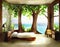 Watercolor of Fantasy bedroom with a wooden bed and a tree