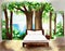 Watercolor of Fantasy bedroom with a wooden bed and a tree