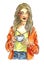 Watercolor fashion illustration, girl with blond hair in green blouse, orange jacket and blue jeans, autumn wear