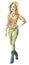 Watercolor fashion illustration, girl with blond hair in yellow blouse and green pants, autumn wear