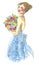 Watercolor fashion illustration, girl in a long light blue princess dress, holding a bouquet with pink roses.