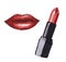 Watercolor fashion illustration - lipstick cosmetics in red color.