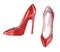 Watercolor fashion illustration of party shoes on high heels in red color