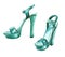 Watercolor fashion illustration of party shoes on high heels in turquoise color