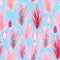 Watercolor fashion seamless pattern with pink feathers on blue background. Vintage print