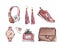 Watercolor Fashion Set of trendy accessories. Bag, earrings, watches, sneakers, perfume,ring.