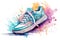 Watercolor fashion sneaker in pastel blue green pink colors on background of watercolor splashes and stains. Ideal for