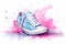 Watercolor fashion sneaker in pastel blue pink colors on background of watercolor splashes and stains. Ideal for use in