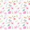 Watercolor field carnations, roses and small field green branches seamless pattern