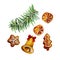 Watercolor fir branch, gingerbread, dried citrus, wooden bell i