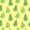 Watercolor fir seamless pattern. Hand drawn evergreen plants isolated on yellow background. Spruce backdrop for decoration,