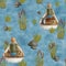 Watercolor fisherman in boat seamless pattern. Hand drawn fisher with fishing rod in wooden rowing boat, reed plants on