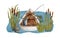 Watercolor fishing boat illustration. Hand drawn wood rowboat in blue water with fishing rod, reed, landing net and