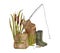 Watercolor fishing composition with hand drawn fishing rod, lure, reed plant, camping backpack and rubber boots