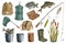 Watercolor fishing equipment set. Hand drawn fishing rod, bait, lure, net, bucket with fish, creel, backpack and reed