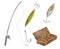 Watercolor fishing equipment set. Hand drawn fishing rod, hook, bait and wooden box with lures isolated on white