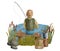 Watercolor fishing scene illustration. Hand drawn fisherman with fishing rod sitting on wooden bench on blue river bank