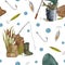 Watercolor fishing seamless pattern. Hand drawn fishing rod, landing net, bucket with fish, reed plant, rubber boots and