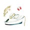 Watercolor fishing set with fish, boat and life ring