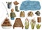 Watercolor fishing set. Hand drawn boat, reed, wood gangway, fisherman back, fishing rod, bucket with fish, lure, creel