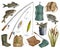 Watercolor fishing set. Hand drawn fishing rod, bait, lure, net, bucket with fish, creel, backpack and reed isolated on