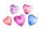 Watercolor five pink, purple, blue hearts set isolated on white. Valentines day hand painted art collection
