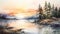 Watercolor Fjord Of Sweden Landscape Illustration