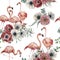 Watercolor flamingo with ranunculus and anemone seamless pattern. Hand painted exotic birds with eucalyptus leaves