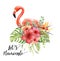 à¸ºWatercolor Flamingo in Tropical Bouquet.