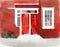 Watercolor of Flat red house entrance door in monochrome