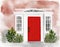 Watercolor of Flat red house entrance door in monochrome