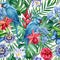 Watercolor flora, tropical leaves, orchid flowers and parrot. Seamless patterns.