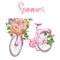 Watercolor floral bicycle, isolated. Romantic pink bike, basket and flowers on white background. Wedding design, cards