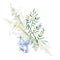 Watercolor floral boho bouquet, delicate green leaves and branches, brunnera flowers, white wildflowers, pampas grass.