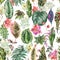 Watercolor floral botanical tropical seamless pattern, orchid flowers