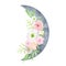 Watercolor floral crescent illustration. Mystical blue waxing crescent with flowers isolated on white background. Celestial lunar