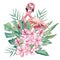 Watercolor floral flower and flamingo illustration. Bouquet with tropical green leaves and flowers for wedding stationary