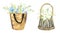 Watercolor floral illustration - basket with leaves and branches bouquets with blue flowers and leaves for wedding