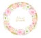 Watercolor floral illustration. Hand drawn round frame with blush and peach flowers and wooden circle isolated on white