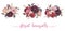 Watercolor floral illustration - three beige, burgundy, pink flower bouquets with beige, pink, burgundy, peonies, roses