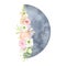 Watercolor floral moon illustration. Mystical blue first quarter moon phase with flowers isolated on white background. Celestial