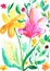 Watercolor floral painting, yellow and pink flowers drawing on paper