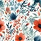 Watercolor floral pattern. seamless, red, blue and green flowers and leaves